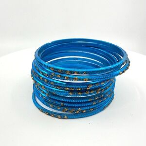 Vibrant Blue Gold Glitter Stackable Bead Bangle Bracelet Set